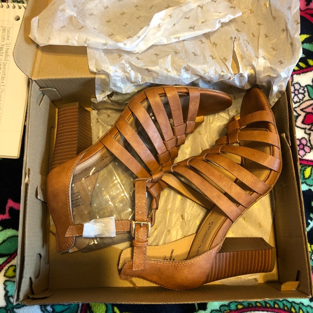 Francesca’s Bali Braided Caged Block Tan Heel